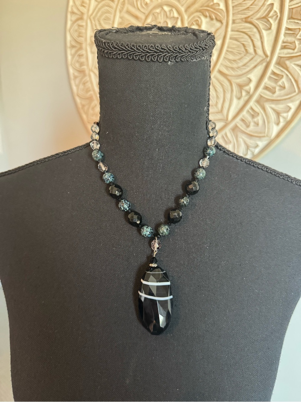 Black Statement Pendant Necklace with Faceted Beads